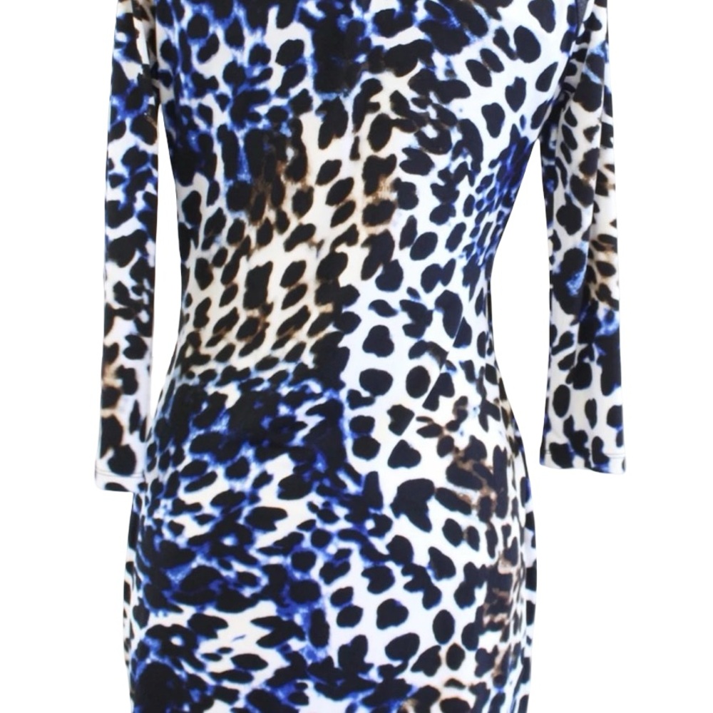 Calvin Klein Cheetah Wrap Dress Women's Large Blue Yellow Cocktail EUC - Picture 11 of 12